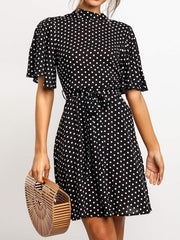 High collar Women Fashion Wave Dot Skater Tie Dresses