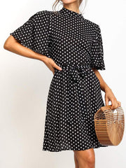 High collar Women Fashion Wave Dot Skater Tie Dresses