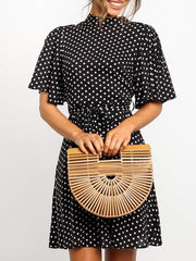 High collar Women Fashion Wave Dot Skater Tie Dresses