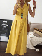 Lapel Women Midi Dresses A-Line Daily Vintage Cotton Maxi Dresses