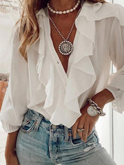 Stylish top v neck printed long sleeve chiffon blouses