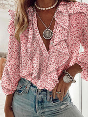 Stylish top v neck printed long sleeve chiffon blouses