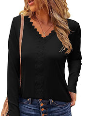 V neck lace design long sleeve T-shirts tops for women