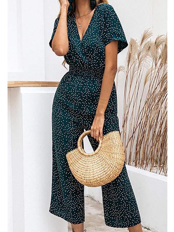 Fashion Wave Pot V Neck Short Sleeve Jumpsuits