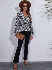 V neck black and white grid women blouses