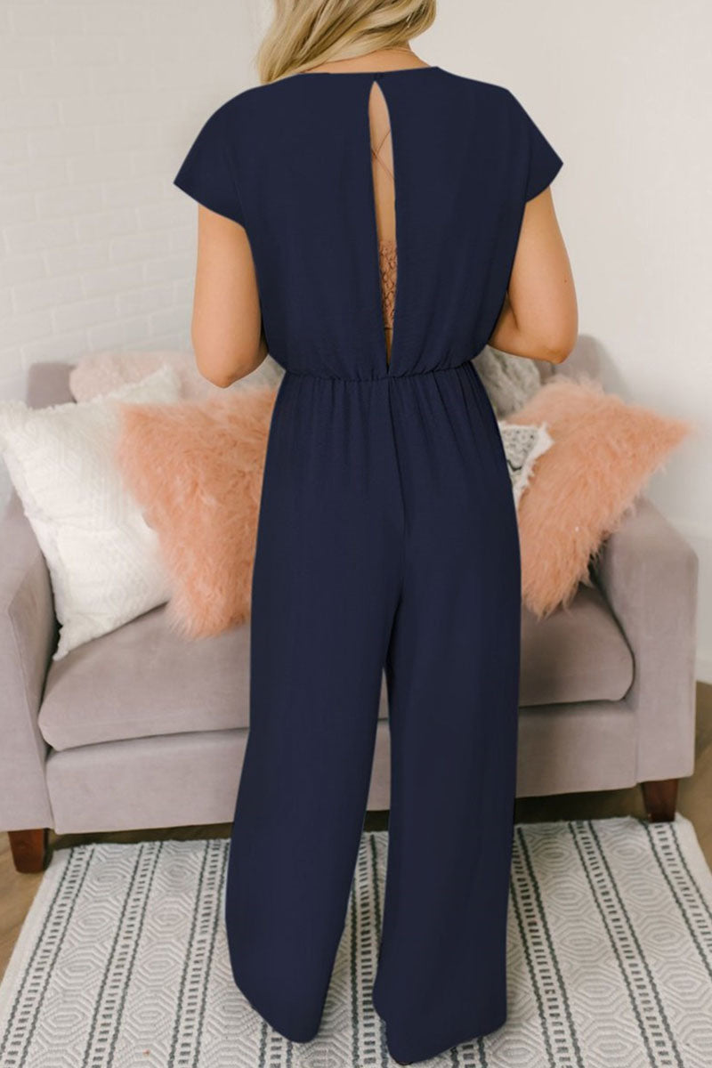 Fashion Street Solid Backless V Neck Loose Jumpsuits