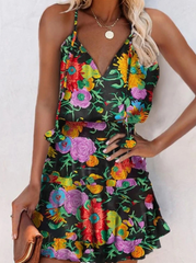 Fashion Street Floral Split Joint Frenulum V Neck A Line Vacation Dresses