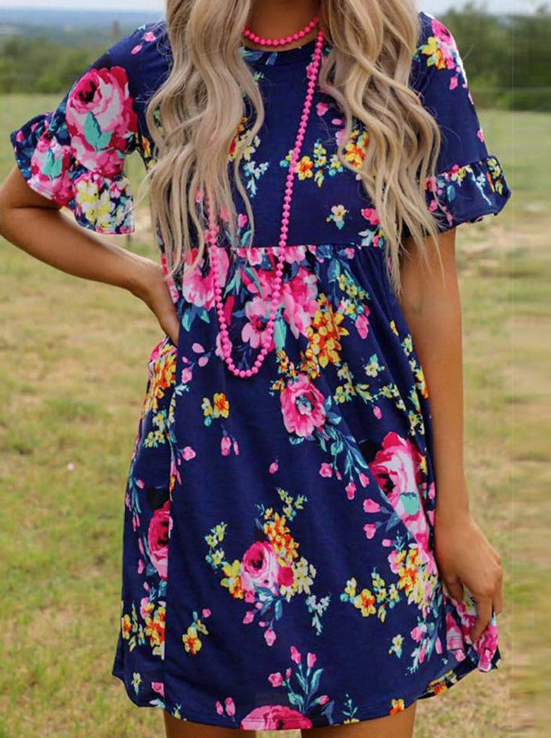 Fashion Vintage Print Split Joint O Neck Princess Dresses Skater Dresses