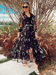 Fashion Sexy Print V neck Grenadine Long sleeve Maxi Dresses