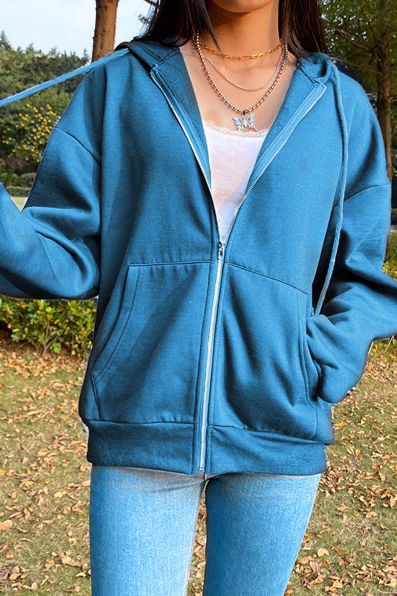 Fashion Street Solid Split Joint Hooded Collar Tops Sweatshirts