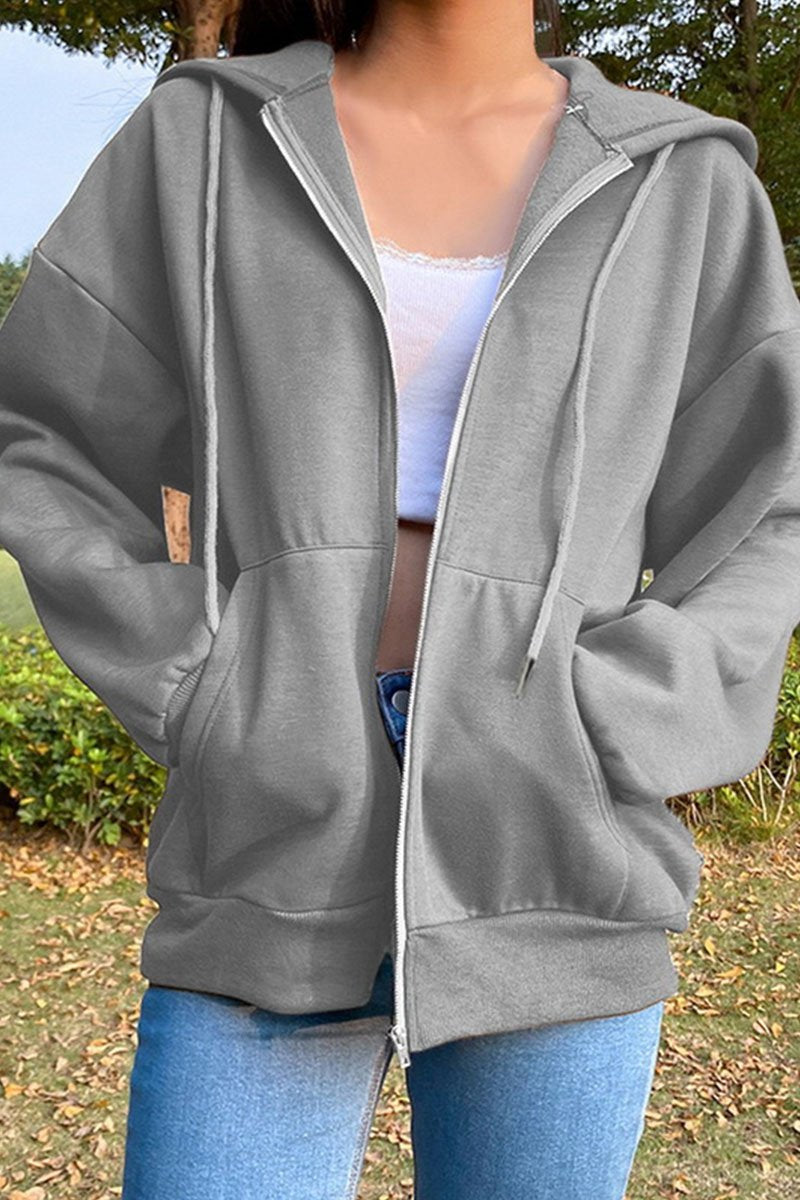 Fashion Street Solid Split Joint Hooded Collar Tops Sweatshirts