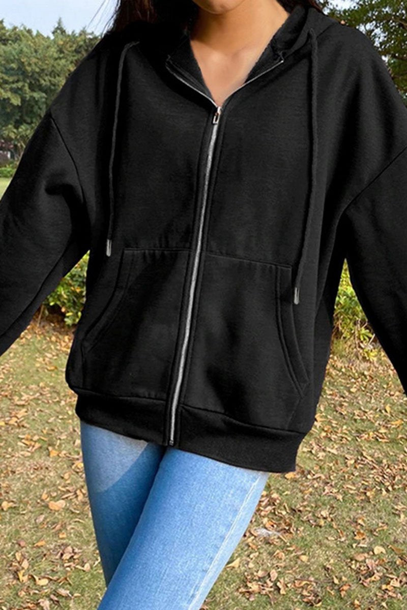 Fashion Street Solid Split Joint Hooded Collar Tops Sweatshirts