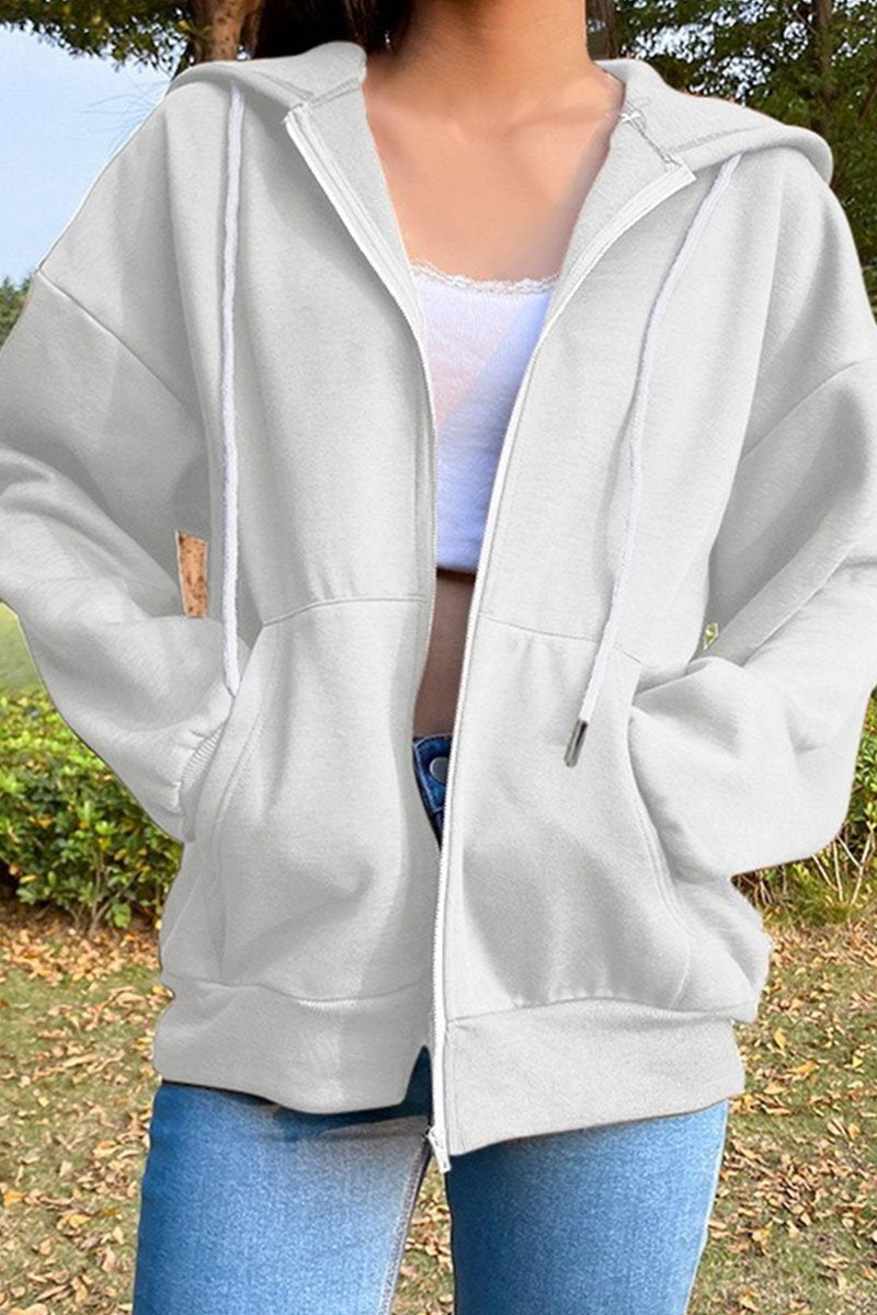 Fashion Street Solid Split Joint Hooded Collar Tops Sweatshirts