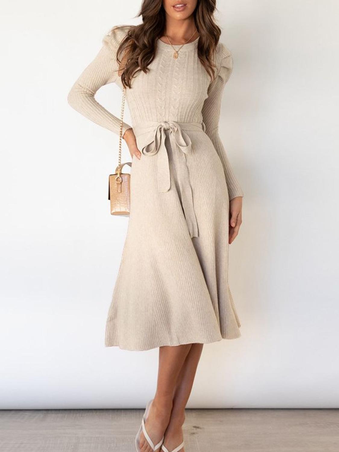 Tie Wrap Cable Knit Solid Midi Dress