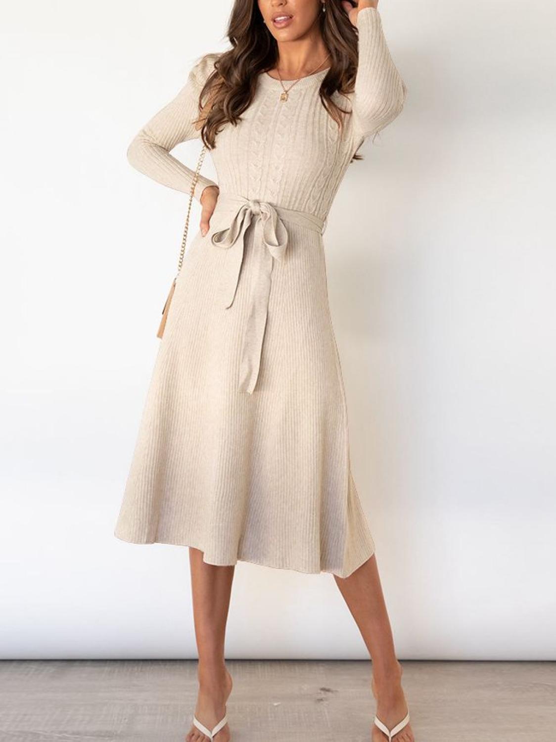 Tie Wrap Cable Knit Solid Midi Dress