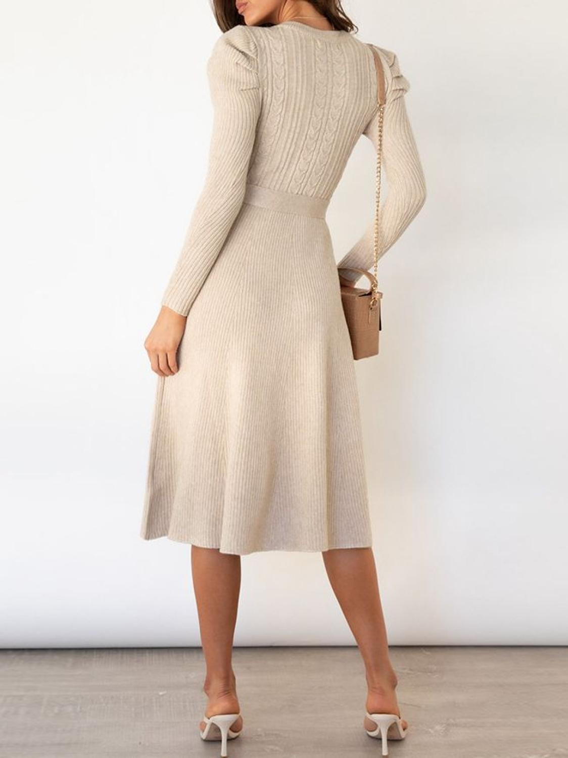 Tie Wrap Cable Knit Solid Midi Dress