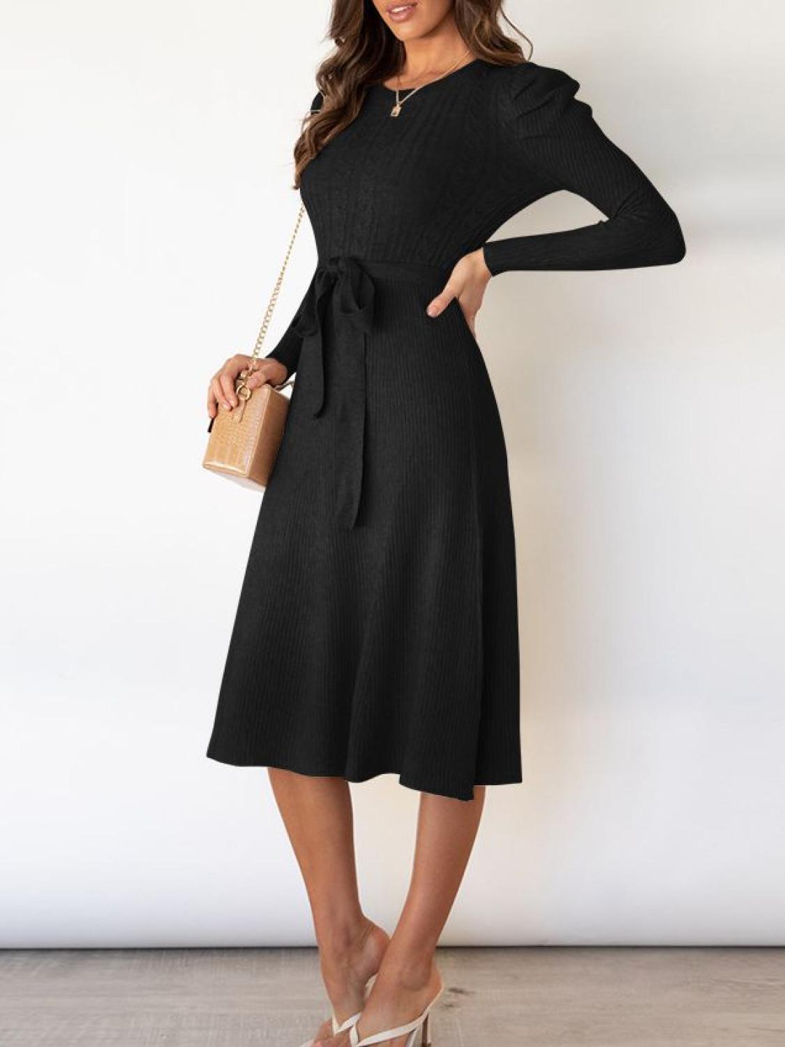 Tie Wrap Cable Knit Solid Midi Dress