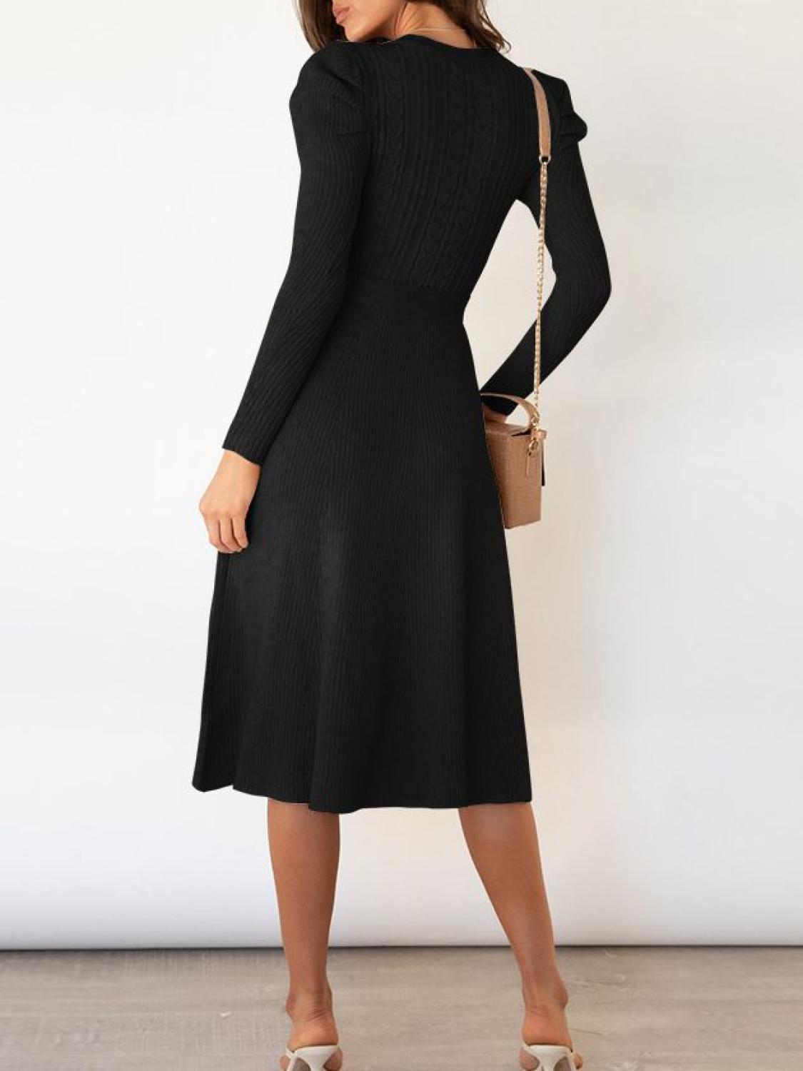 Tie Wrap Cable Knit Solid Midi Dress