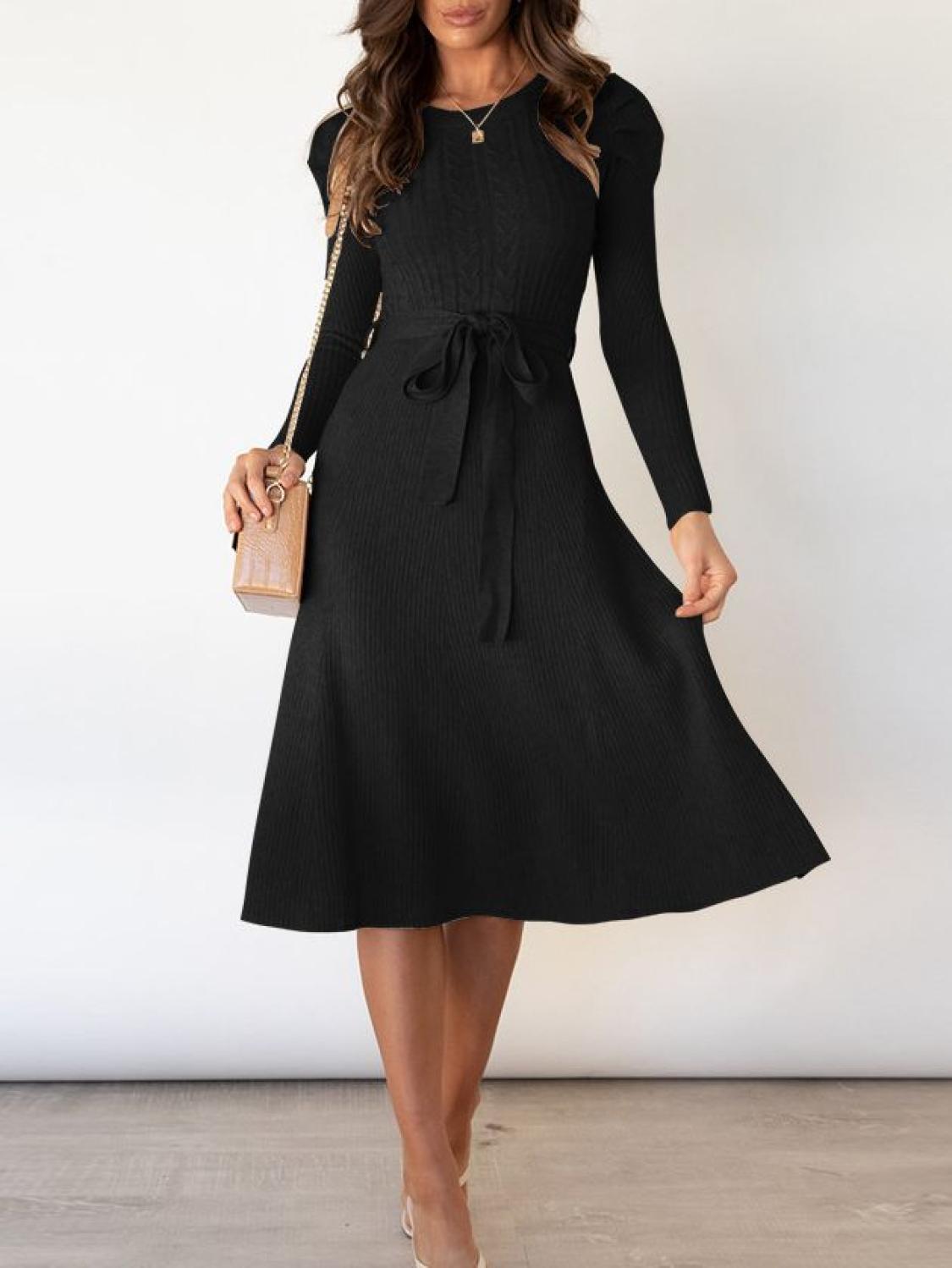 Tie Wrap Cable Knit Solid Midi Dress