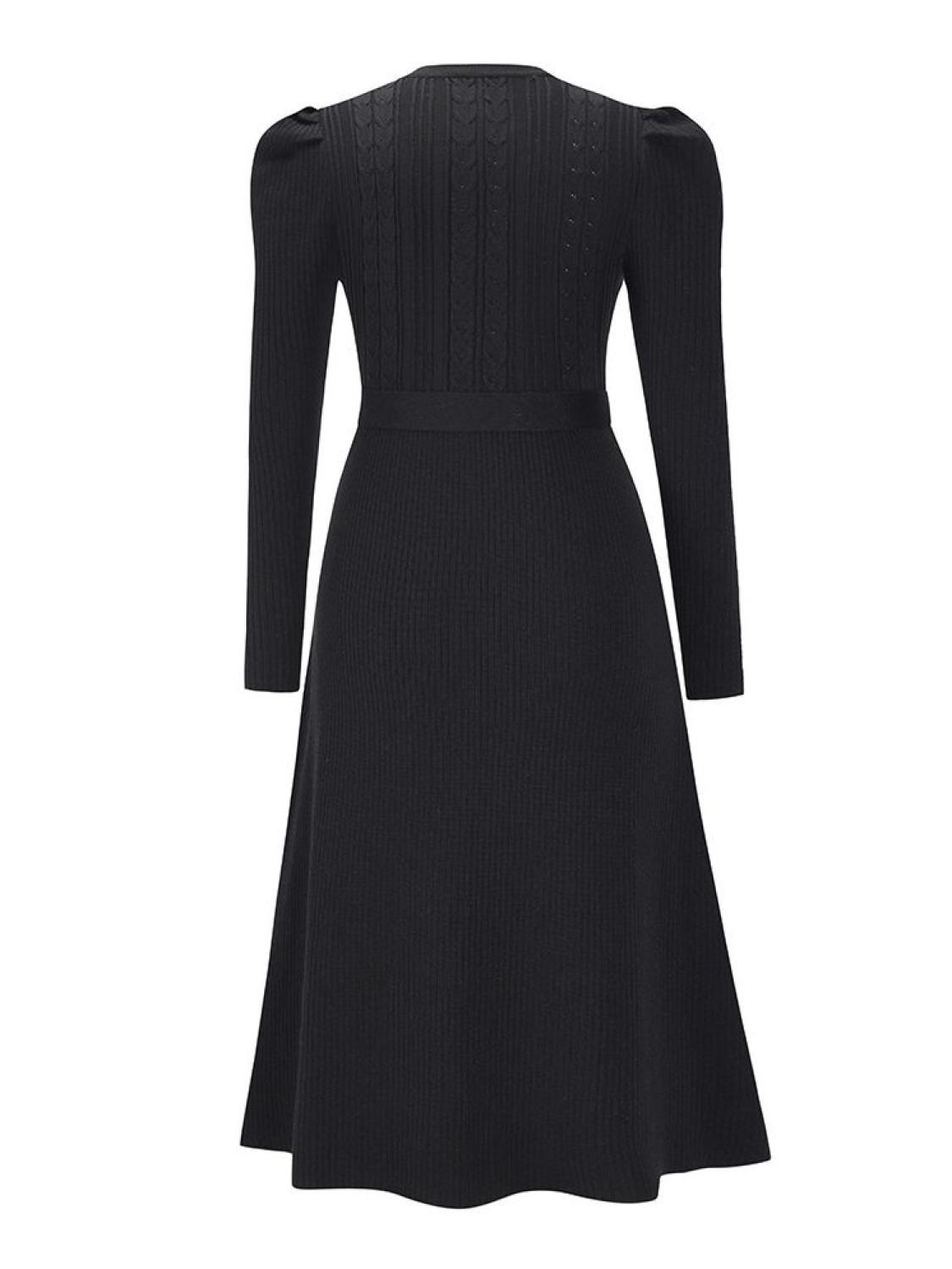 Tie Wrap Cable Knit Solid Midi Dress