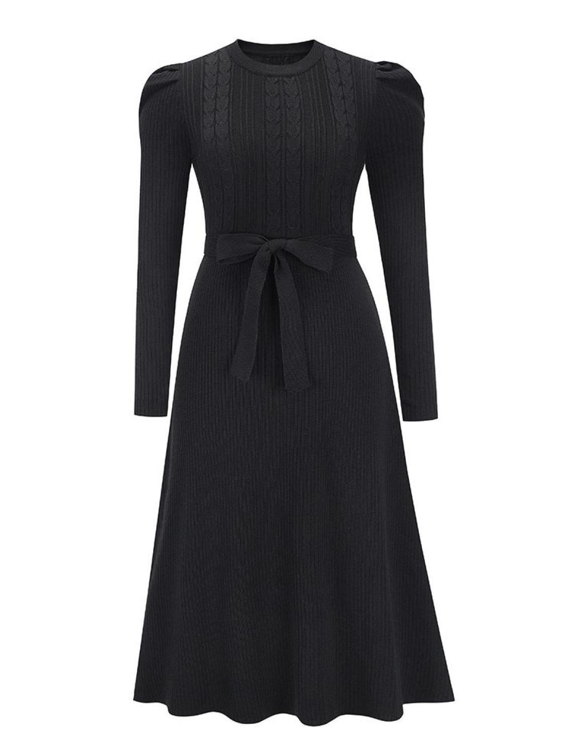 Tie Wrap Cable Knit Solid Midi Dress