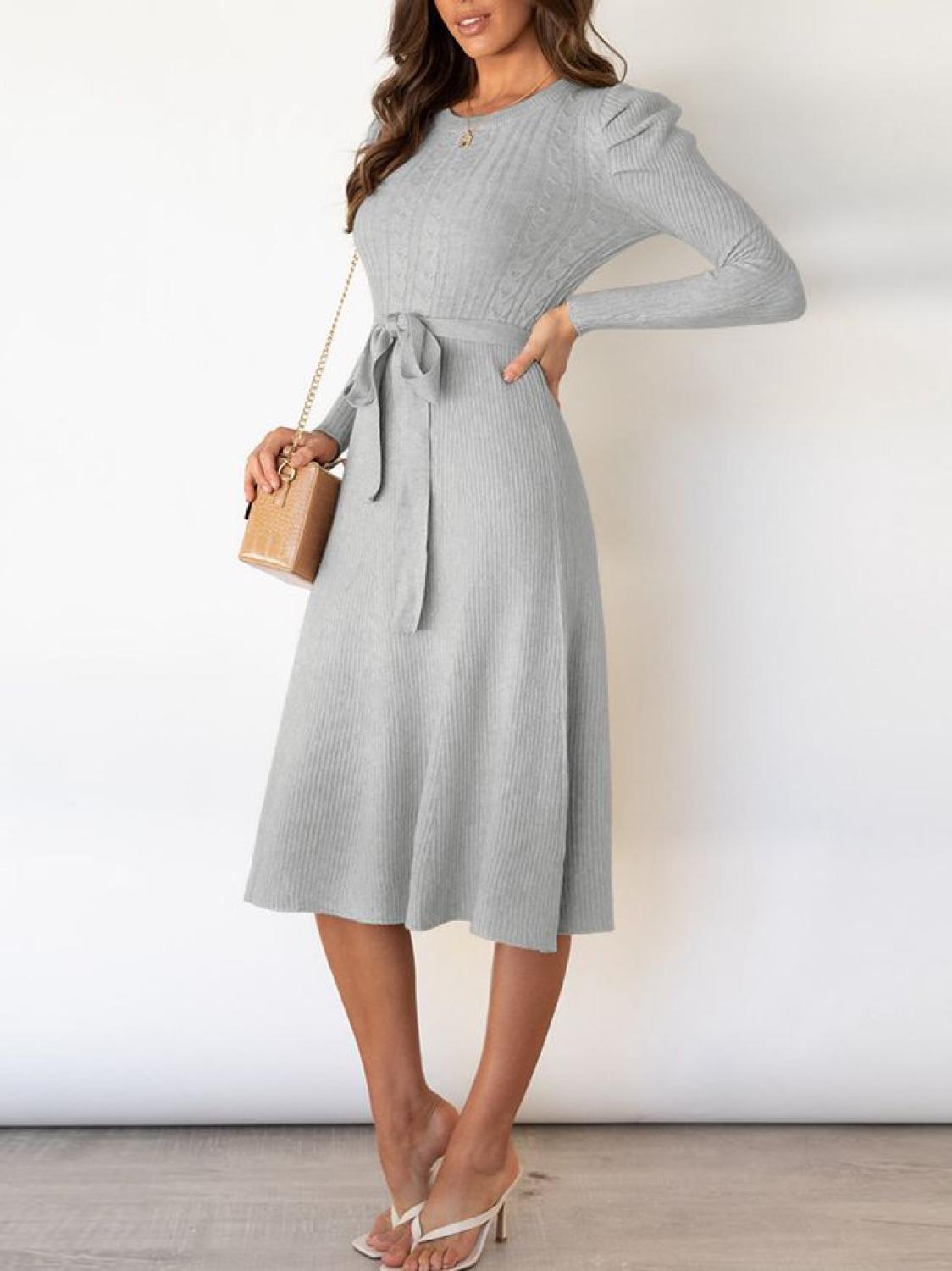 Tie Wrap Cable Knit Solid Midi Dress