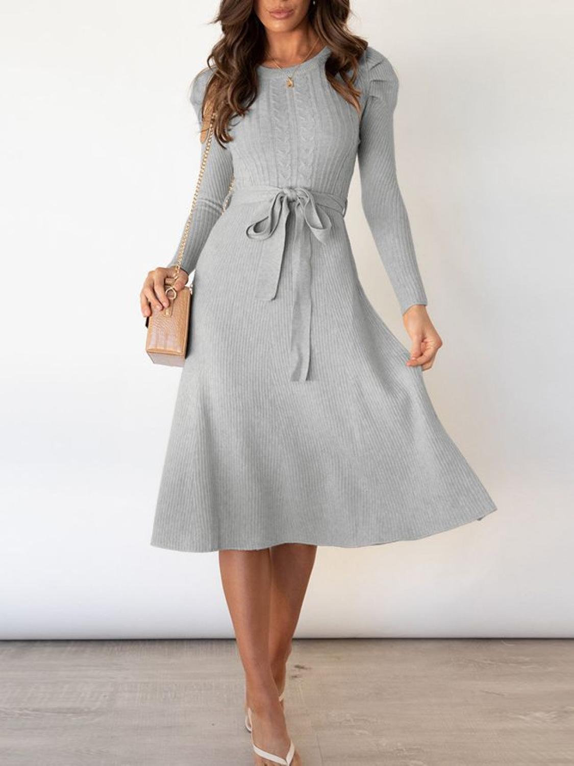 Tie Wrap Cable Knit Solid Midi Dress