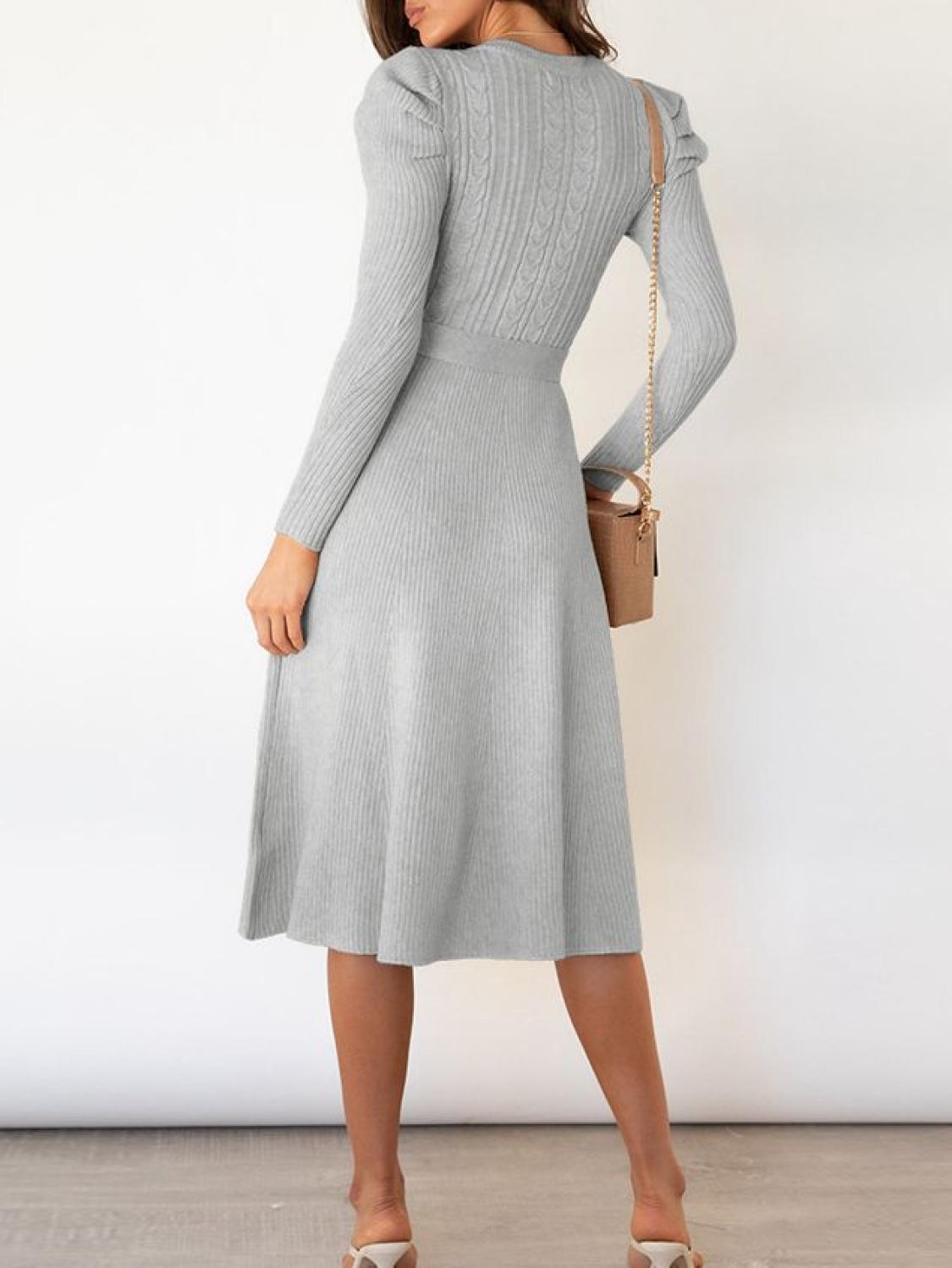 Tie Wrap Cable Knit Solid Midi Dress