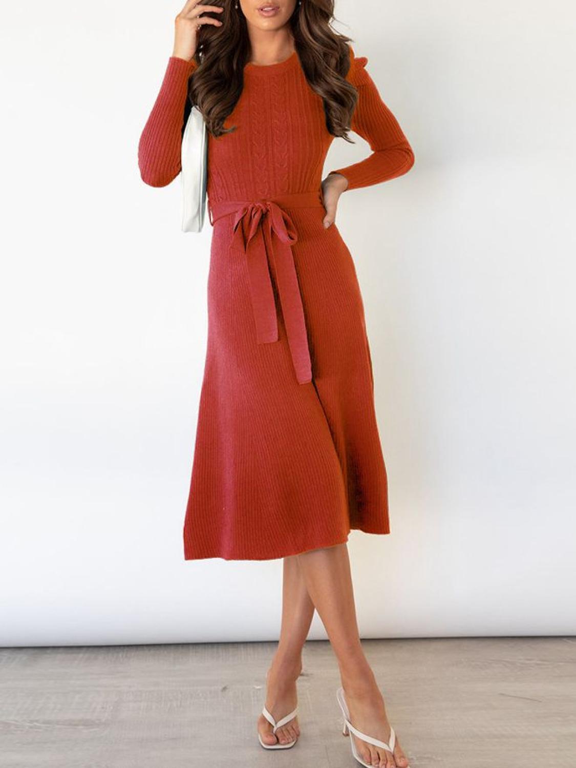 Tie Wrap Cable Knit Solid Midi Dress