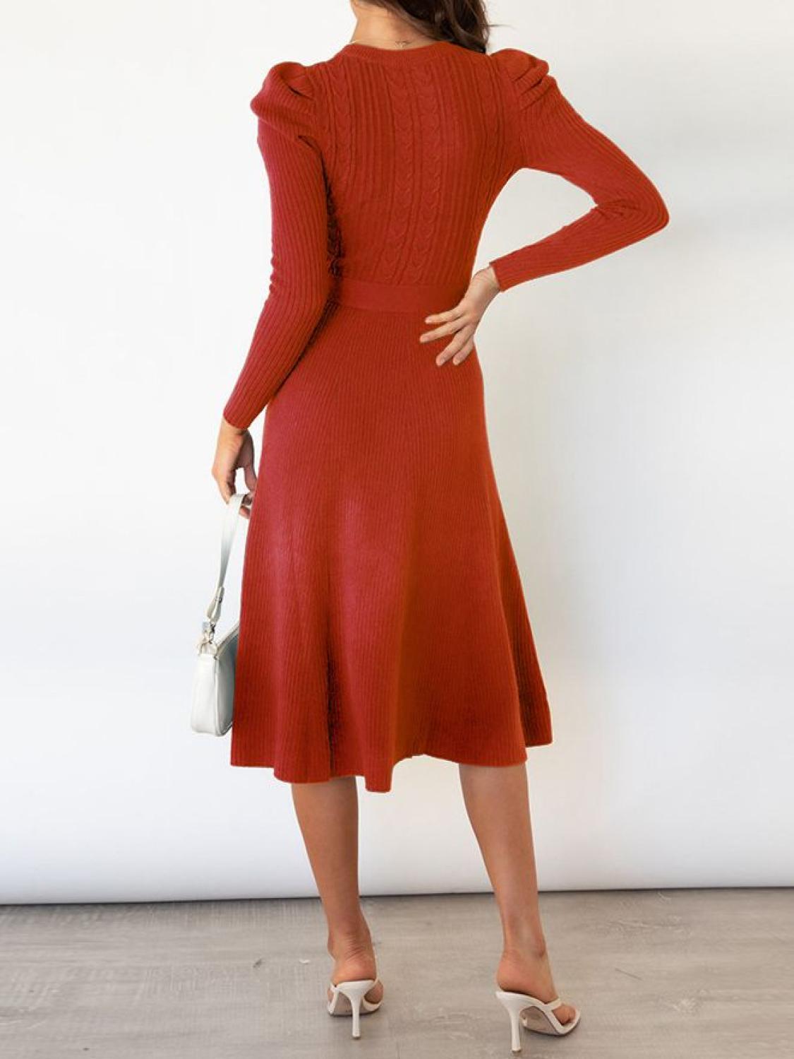 Tie Wrap Cable Knit Solid Midi Dress