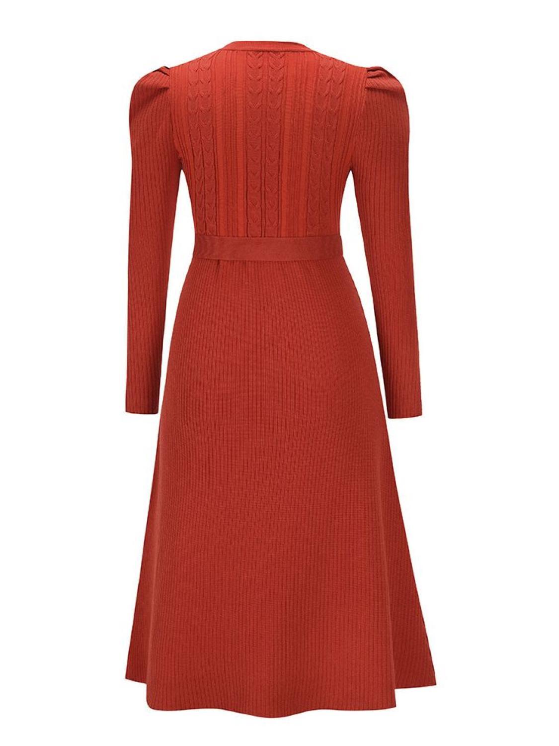 Tie Wrap Cable Knit Solid Midi Dress