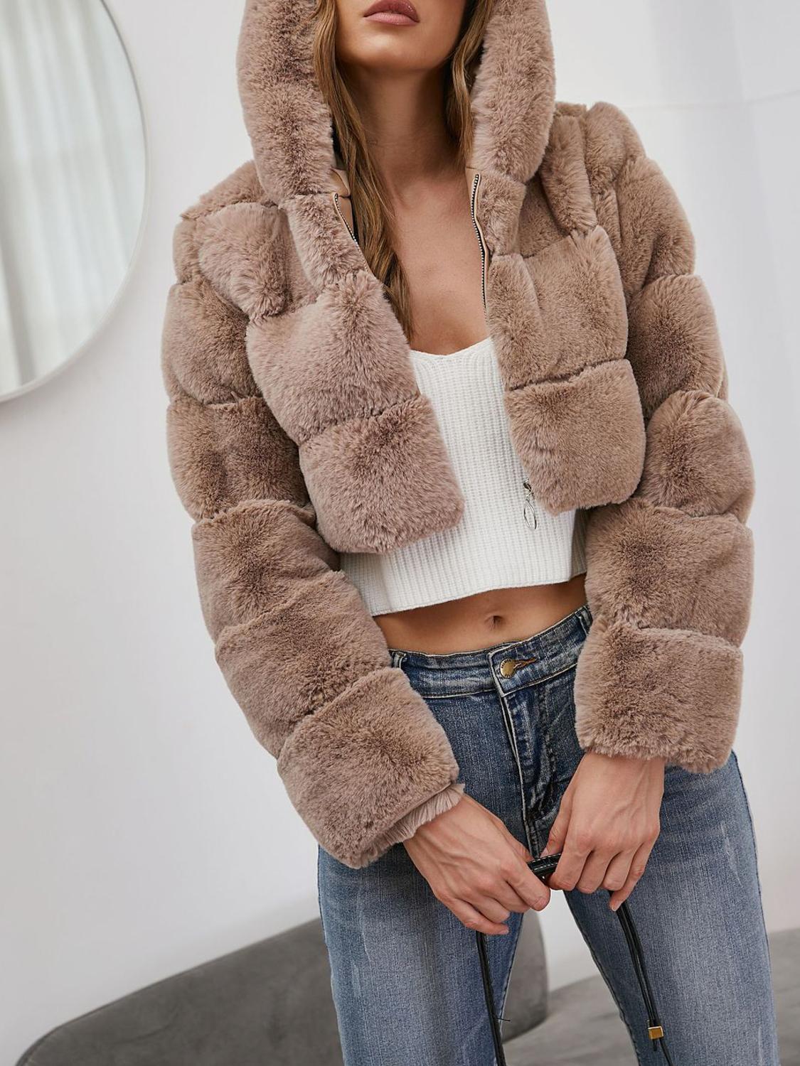 Thick Hooded Crop Faux Fur Jacket