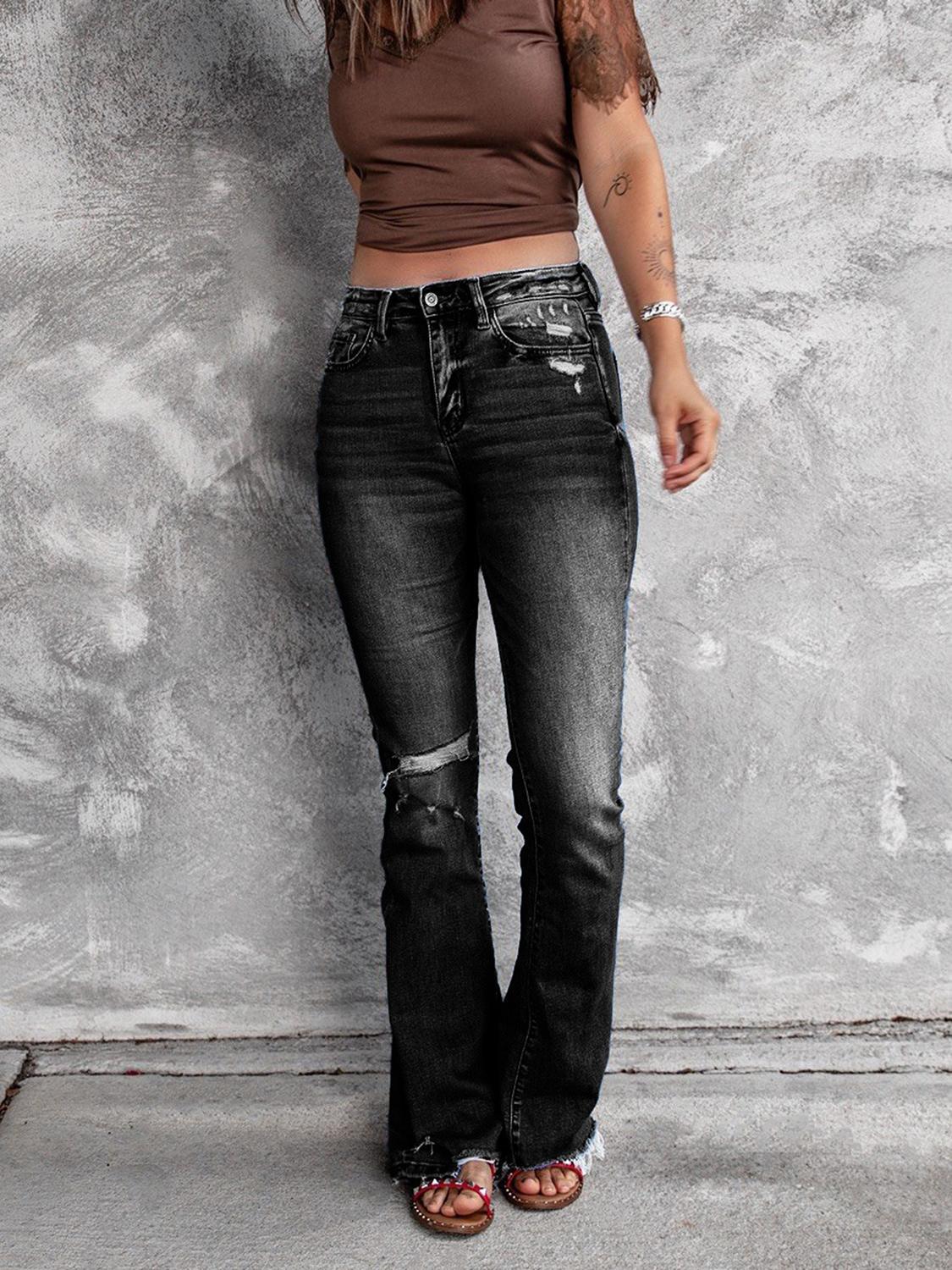 High Waist Slant Pocket Flare Ripped Jeans