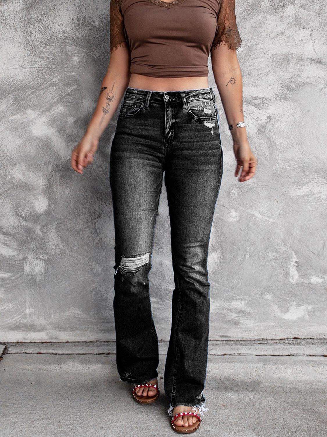 High Waist Slant Pocket Flare Ripped Jeans