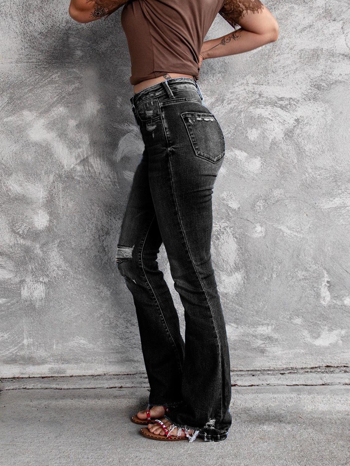 High Waist Slant Pocket Flare Ripped Jeans