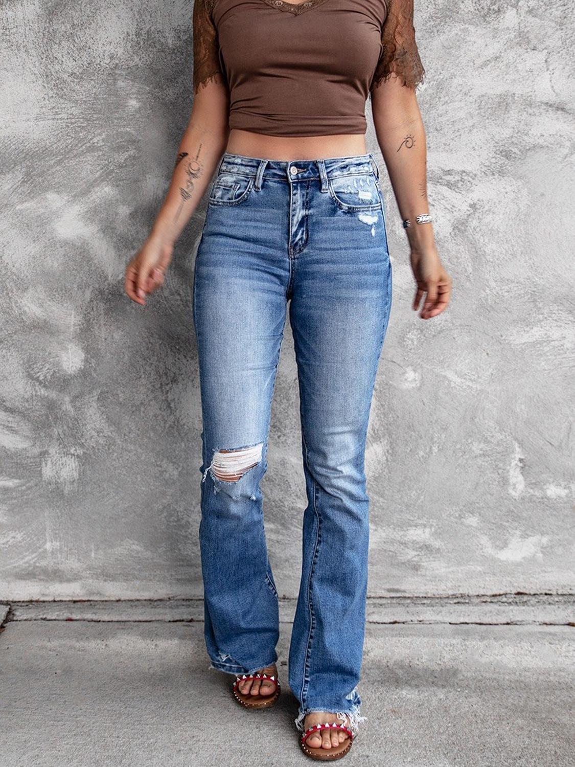 High Waist Slant Pocket Flare Ripped Jeans