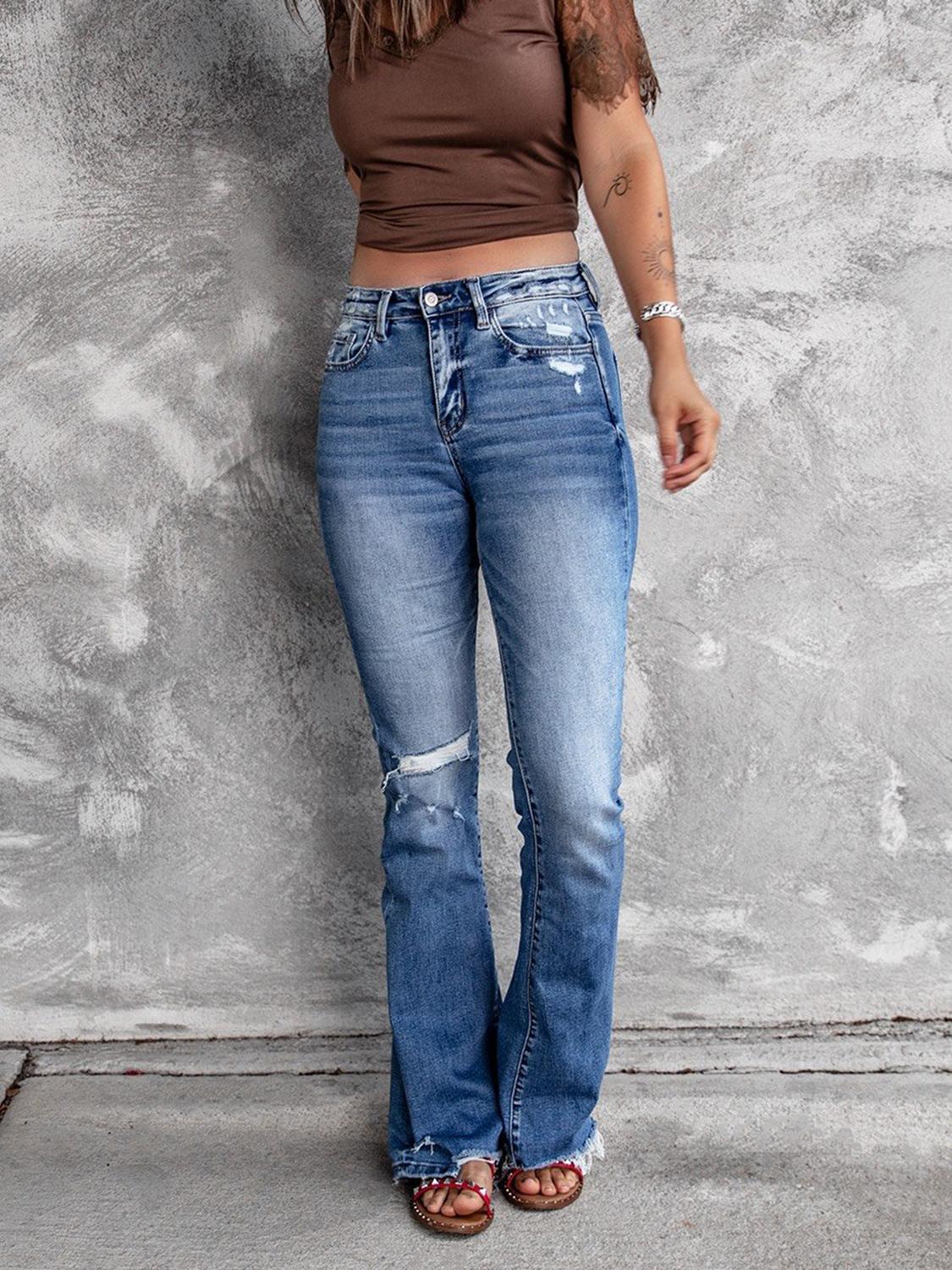 High Waist Slant Pocket Flare Ripped Jeans