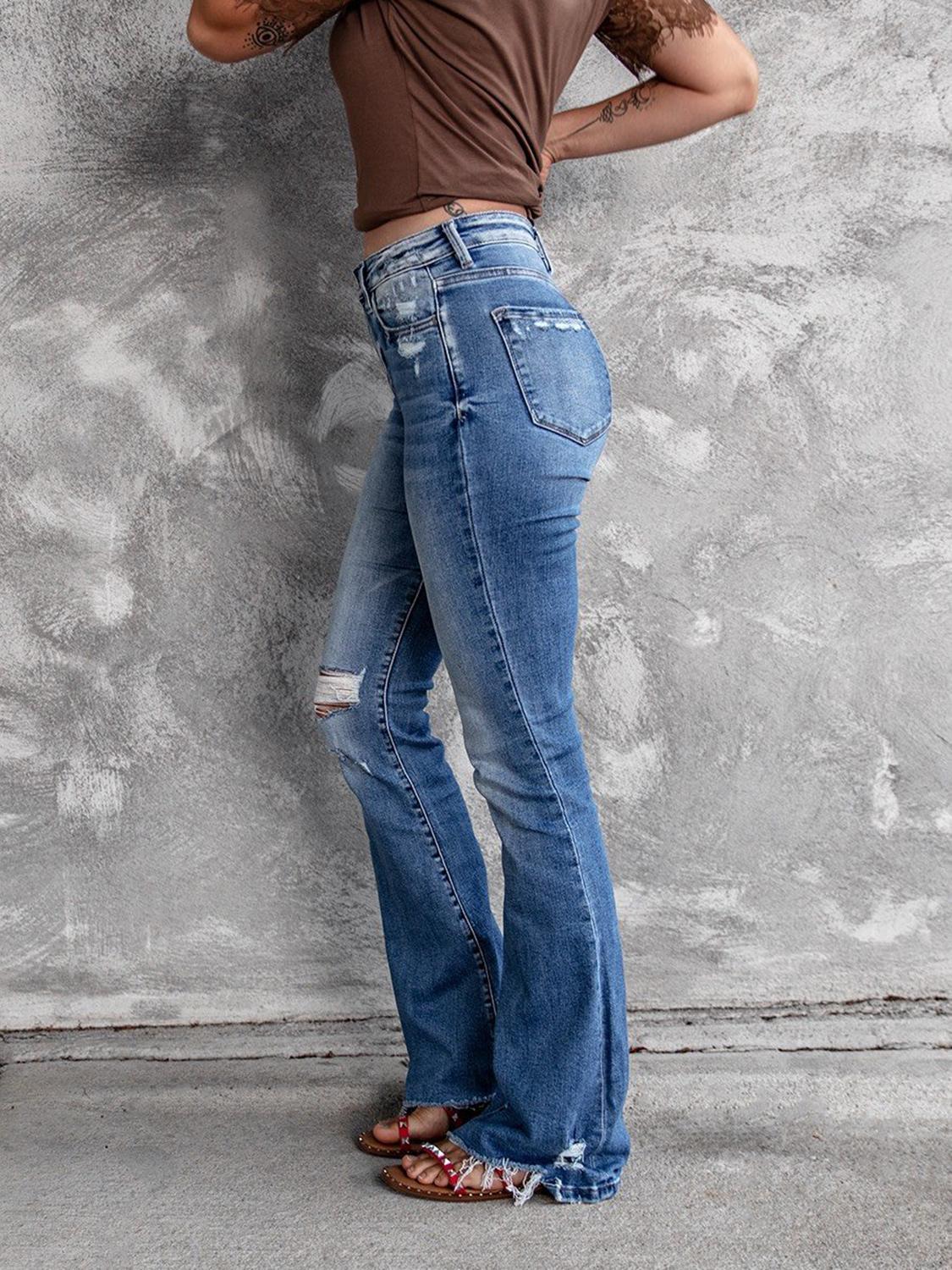 High Waist Slant Pocket Flare Ripped Jeans