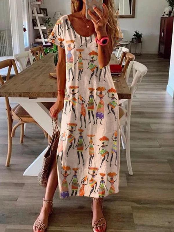 Loose casual women printed short sleeve Maxi dresses