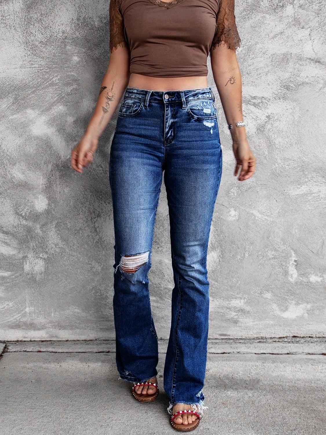 High Waist Slant Pocket Flare Ripped Jeans