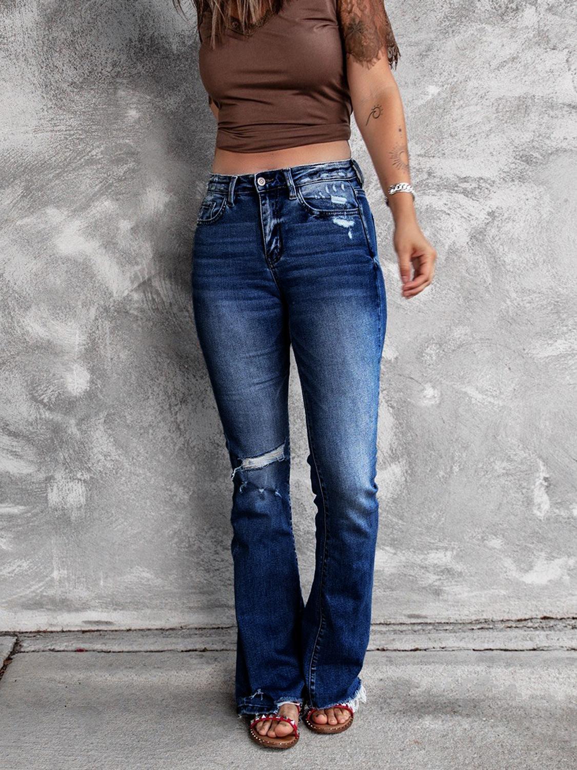 High Waist Slant Pocket Flare Ripped Jeans