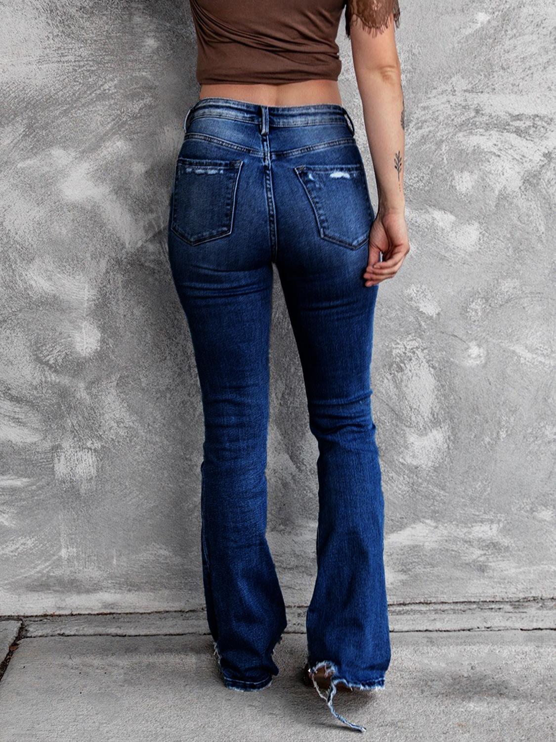 High Waist Slant Pocket Flare Ripped Jeans