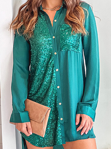 Fashion Street Patchwork Sequins Buckle Turndown Collar Shirt Dress Dresses