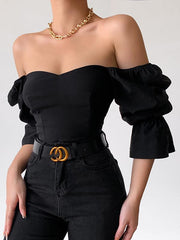 Stylish Solid Puff Sleeve Backless Top Blouses