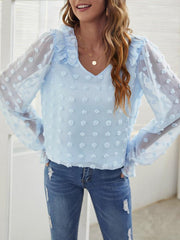 Swiss Dot Pattern Lantern Sleeve V Neck Top Fashion Blouses