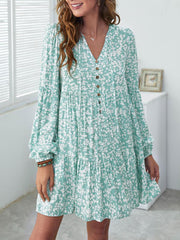 Floral Pattern Button Up Lantern Sleeve Dress