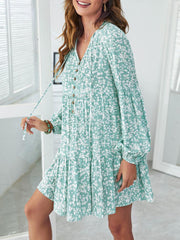 Floral Pattern Button Up Lantern Sleeve Dress