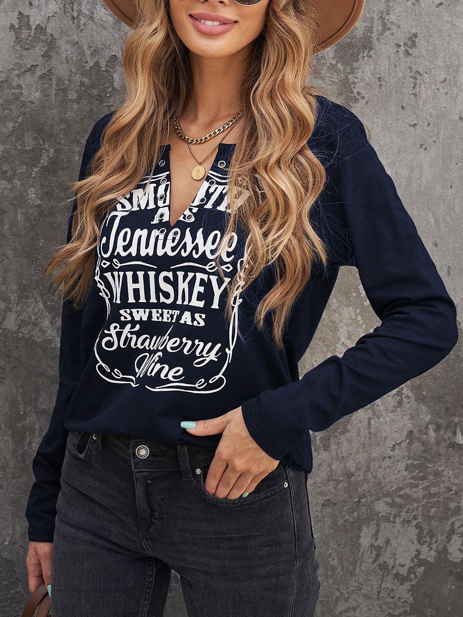 Letter Print Circle Decor V Neck T-shirts Top