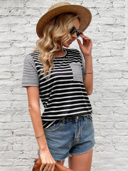 Striped Patchwork Pocket Slim T-shirt