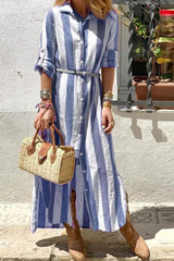 Street Striped Split Joint Turndown Collar Shirt Dress Maxi Dresses